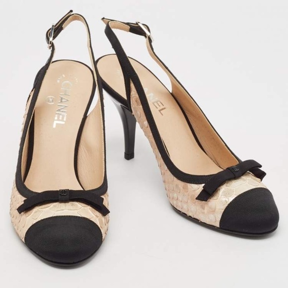 CHANEL Canvas & Python Leather Bow AUTHENTIC Slingback Pumps Black Beige Sz. 36 - Picture 1 of 16